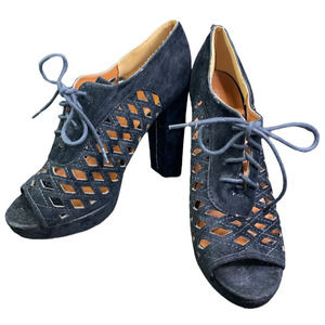 Torrid Platform Black Suede Velvet Chunky Heel Lace Up Cut Out Open Toe Caged 10